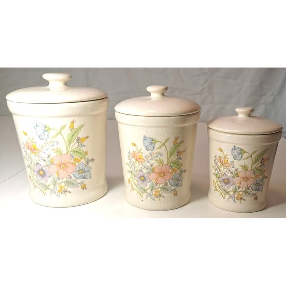 Vintage ALCO Ceramic Canister Trio – Made in Romania – Botanical Floral Design - Picture 1 of 16